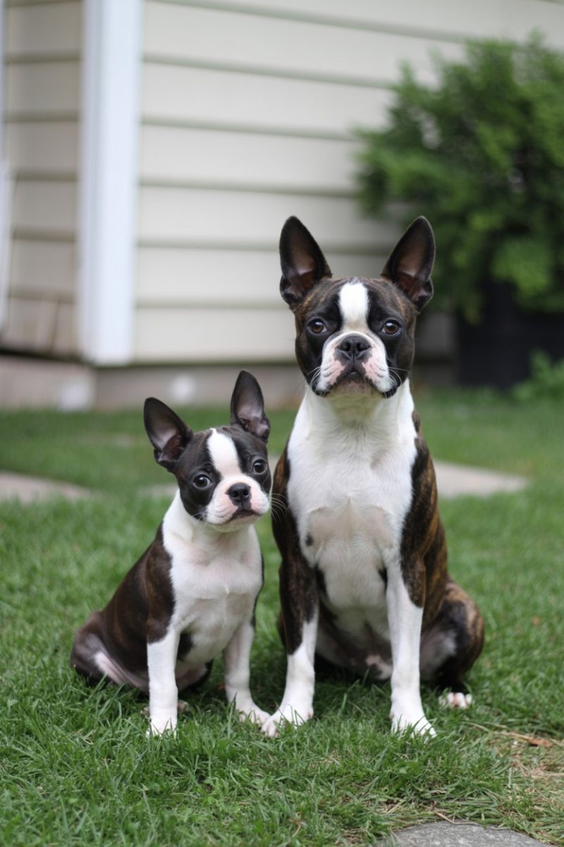 Two Boston Terrier dogs sitting side by side on green grass in front of a beige vinyl-sided house.