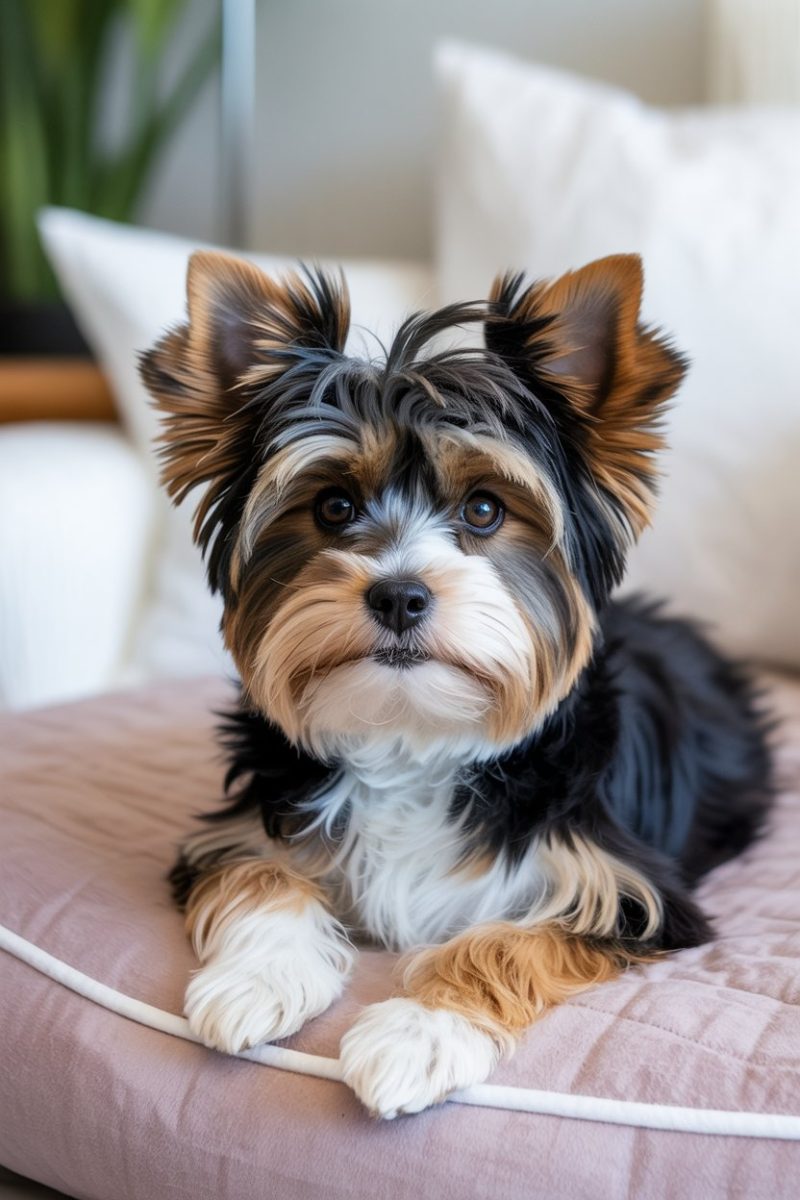 A Biewer Yorkshire Terrier lying on a pink cushioned bed.