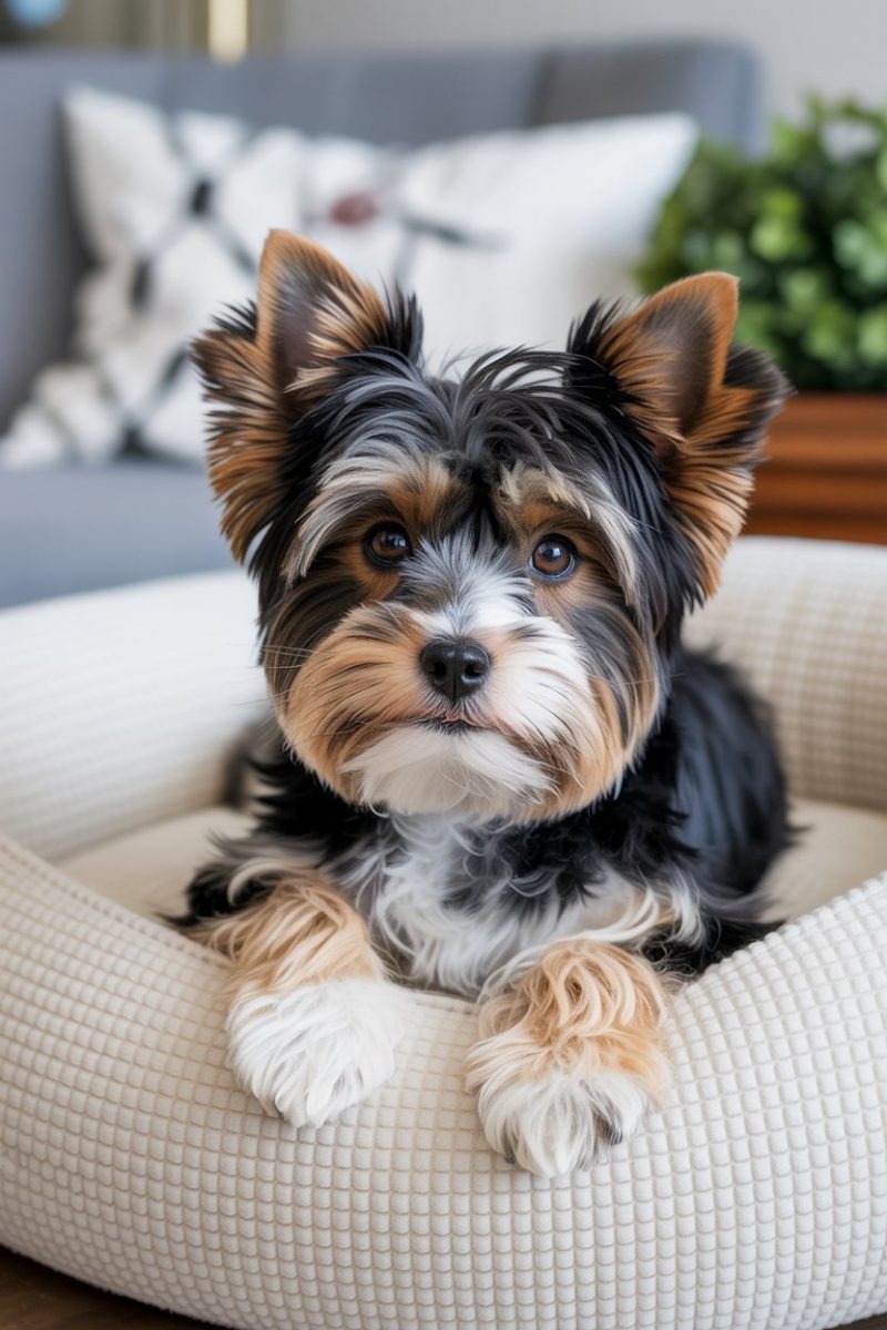 A Biewer Yorkshire Terrier puppy lying on a cream-colored textured dog bed.