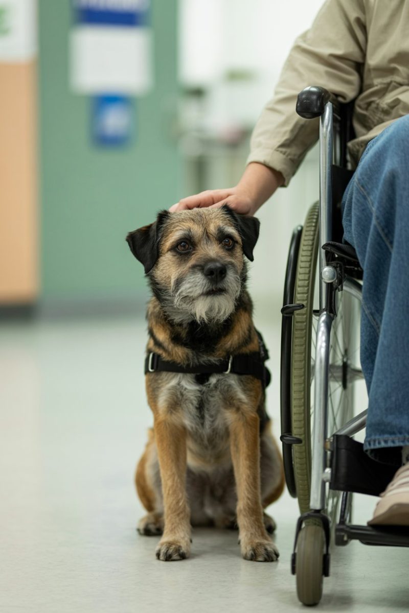 A Border Terrier mix dog sits alertly next to a wheelchair in a medical facility.