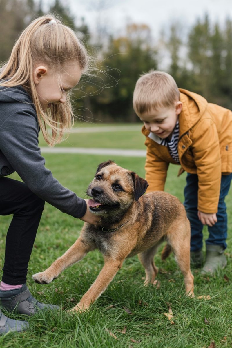 Two young caucasian children interacting with a Border Terrier dog on a grassy field.