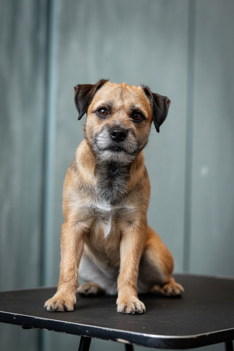 A Border Terrier sitting on a black metal table against a light blue-gray background.