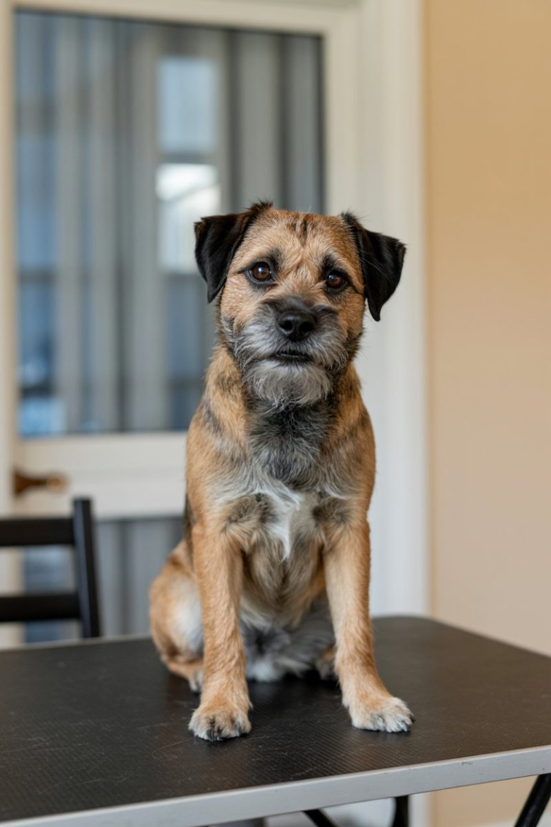 A Border Terrier sitting upright on a black table.