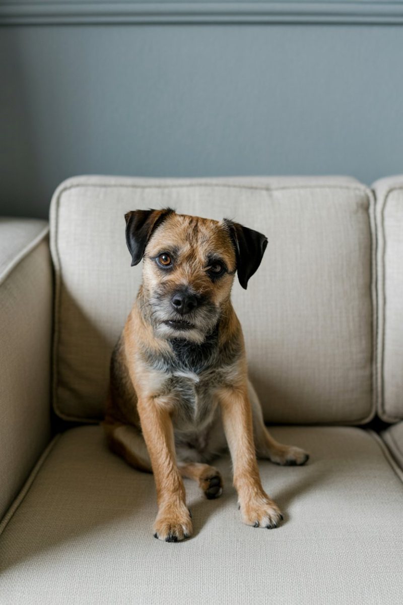 A Border Terrier dog sitting on a light beige upholstered couch.