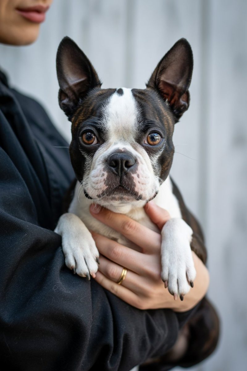 A Boston Terrier being held in someone's arms.
