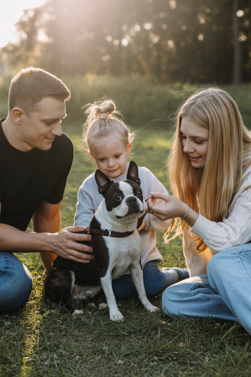 A Caucasian family with their Boston Terrier dog during golden hour sunset.