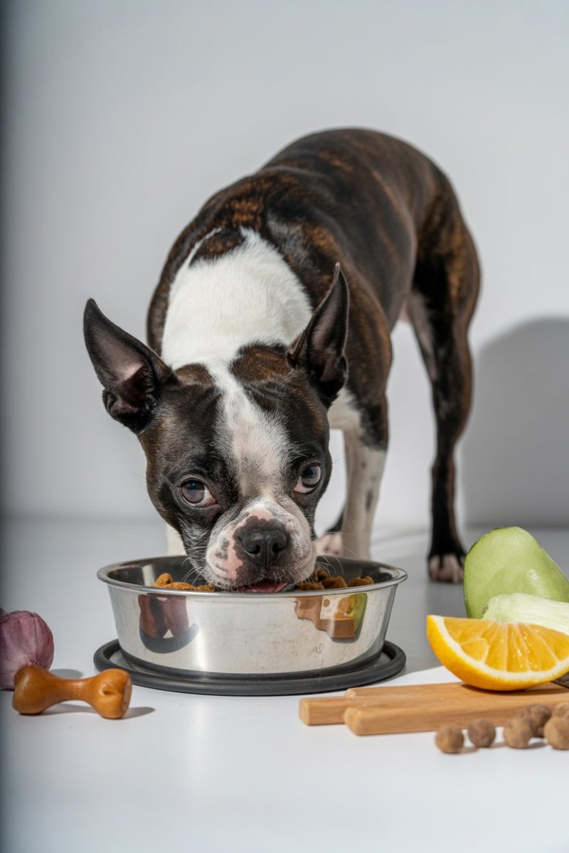 A black and white Boston Terrier dog eating from a stainless steel food bowl. 
