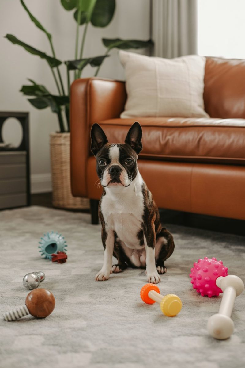 a black and white Boston Terrier sitting on a light gray carpeted floor surrounded by several dog toys scattered on the floor.