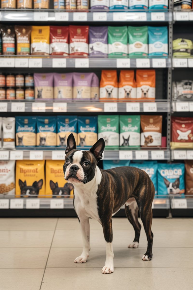 A black and white Boston Terrier standing in front of a retail pet food shelf.
