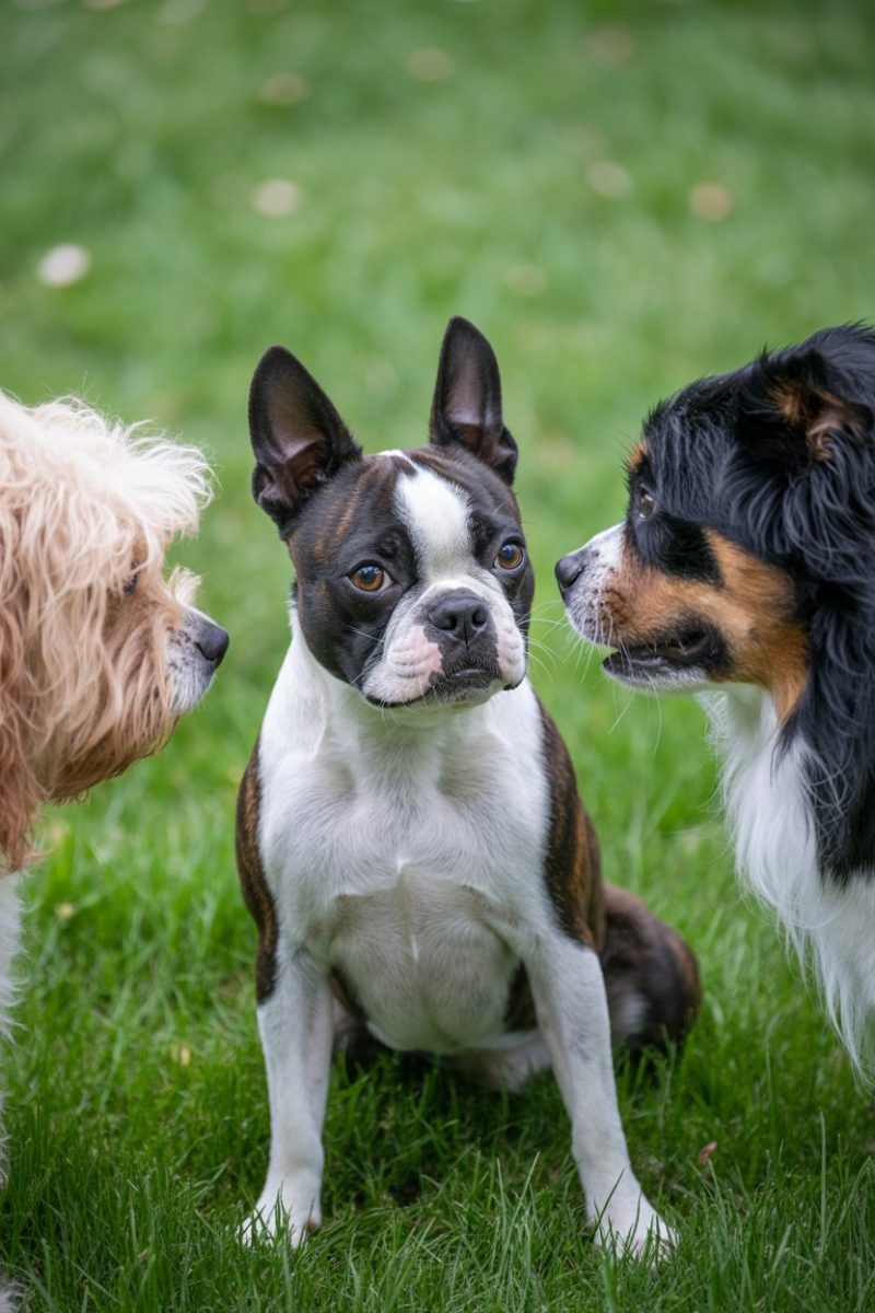 Three dogs sitting on green grass.
