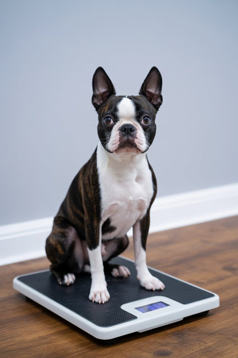 A Boston Terrier dog sitting on a black digital scale against a light gray wall and wooden floor.