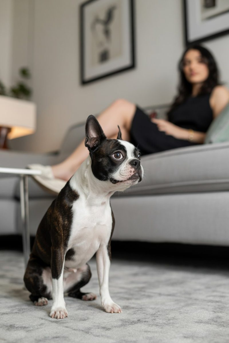 A black and white Boston Terrier sitting alertly on a light gray carpeted floor.