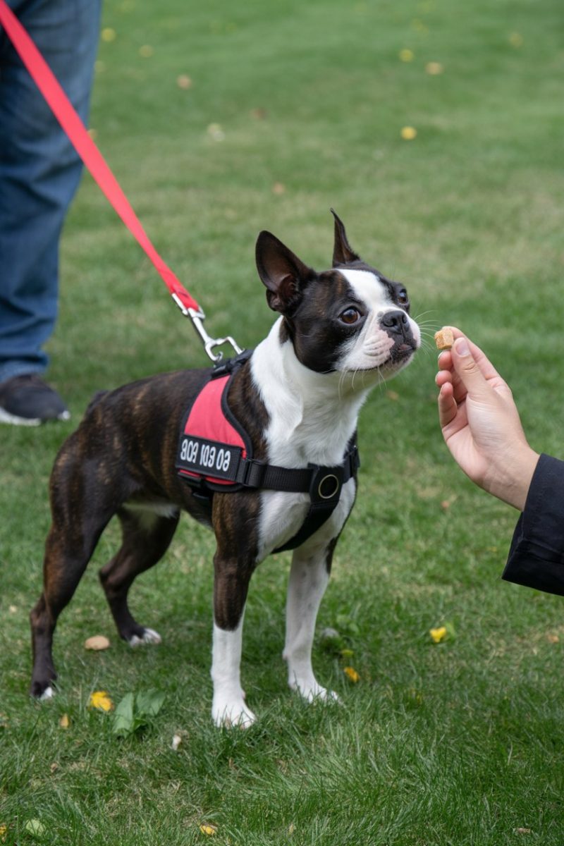 A black and white Boston Terrier dog standing on green grass looking up at a hand extended from the right side of the frame, holding a small treat.