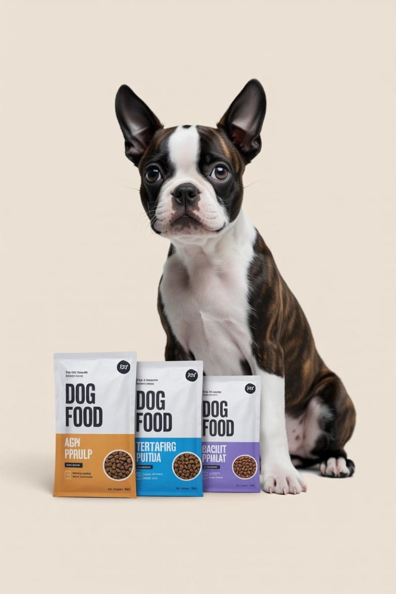 A black and white Boston Terrier puppy sitting upright against a plain beige background with three white product packages of dog food arranged in a row.