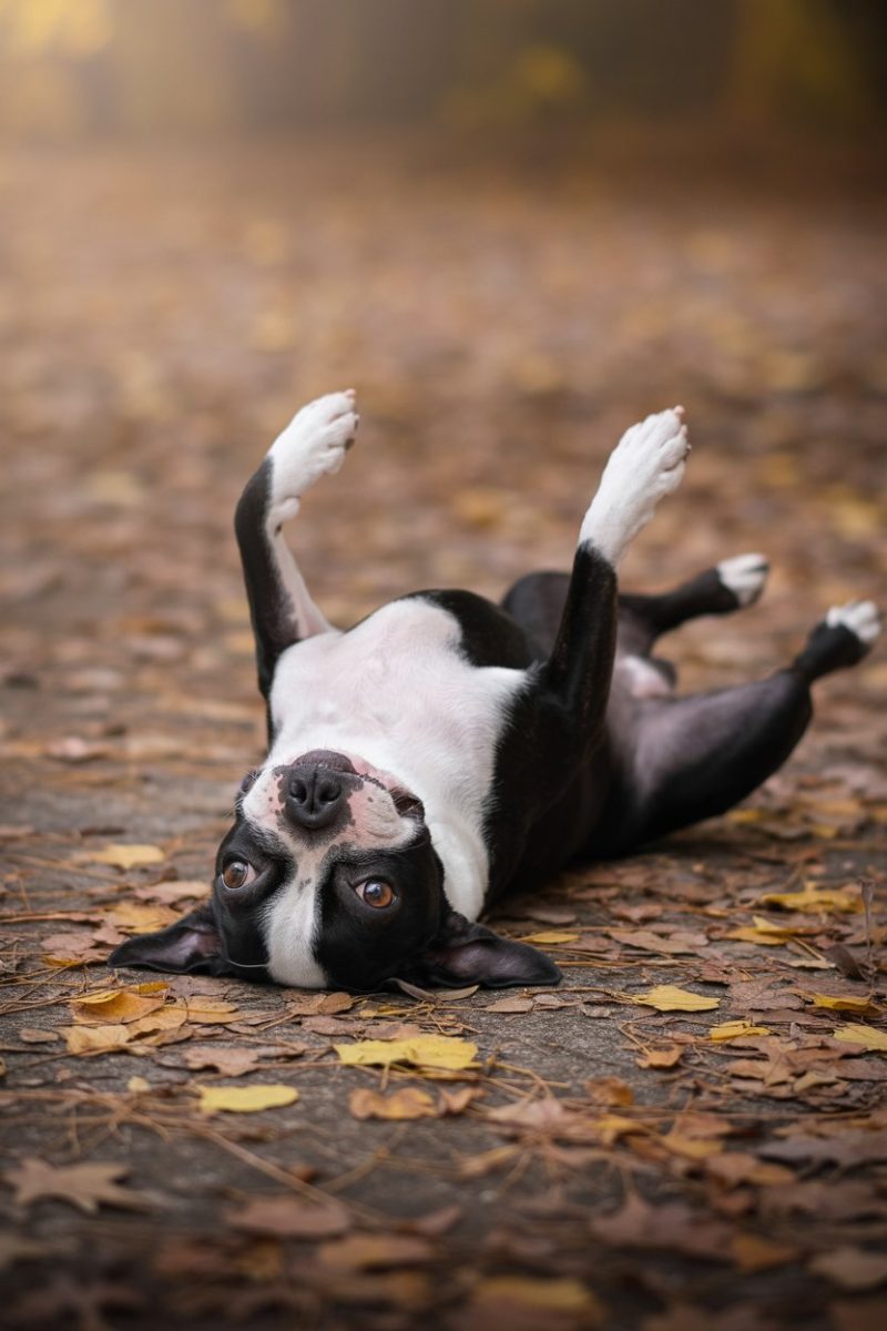 A black and white Boston Terrier lying playfully on its back on a bed of fallen autumn leaves.