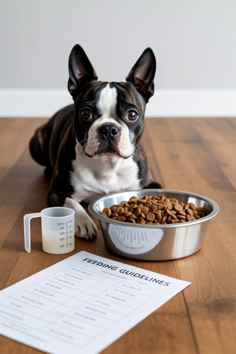 A black and white Boston Terrier lying on a light wooden floor with a stainless steel food bowl filled with brown kibble.