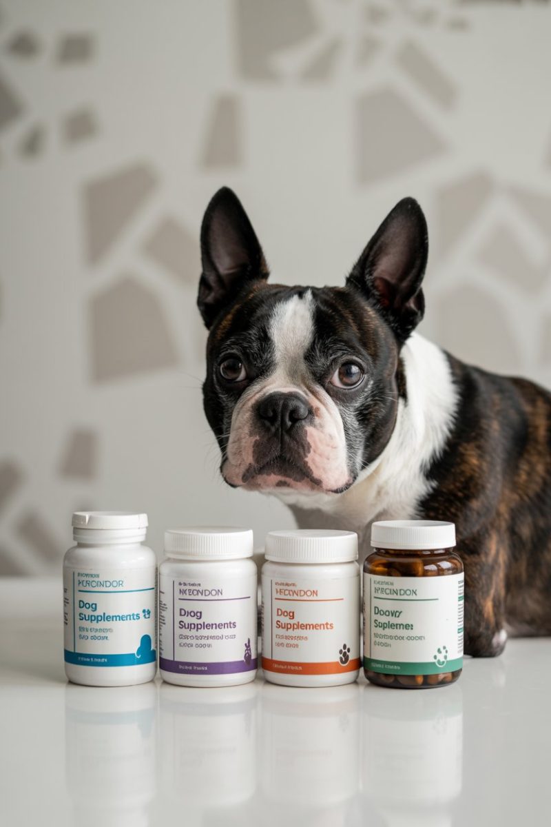 A black and white Boston Terrier dog with pointed ears and a pink nose, sitting behind four white supplement jars on a white reflective surface.