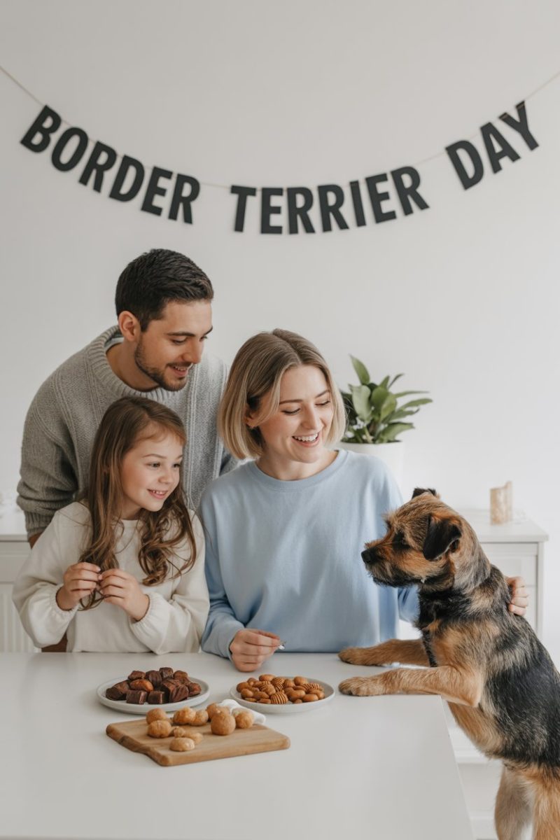 A family with a Border Terrier dog.