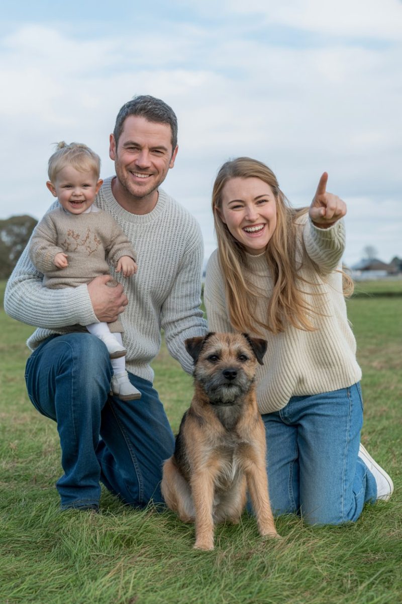 Outdoor family portrait on a grassy field with a light blue sky and scattered clouds.
