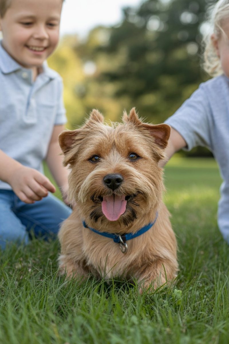 A happy Norfolk Terrier dog sitting in green grass, with two children partially visible in the frame.