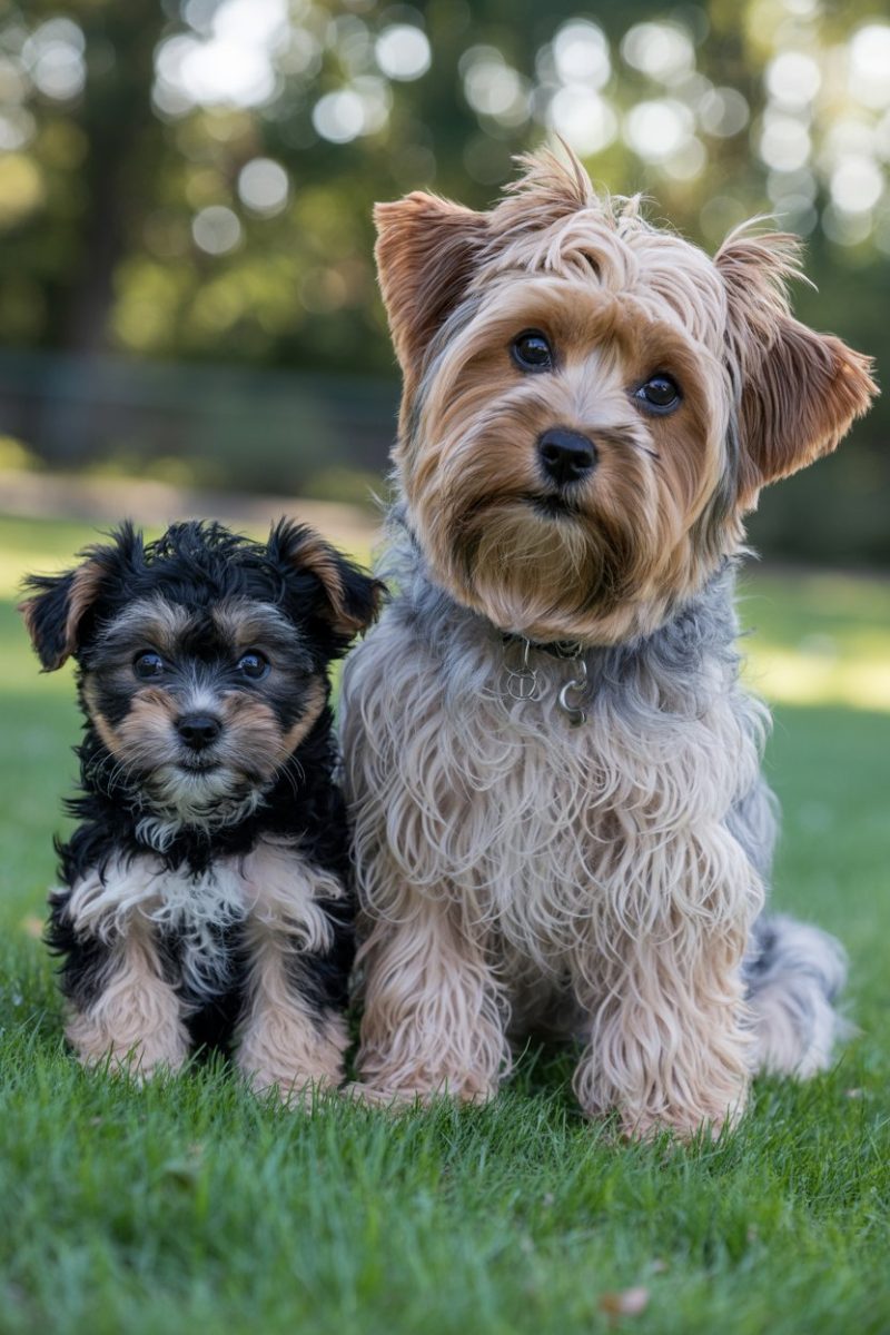 Two Yorkshire Terrier dogs sitting side by side on green grass.
