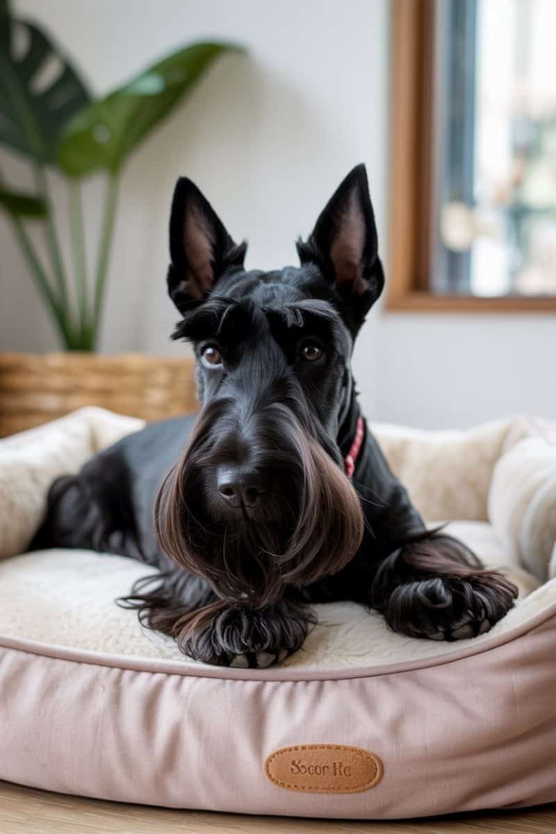 A black Scottish Terrier lying on a light pink plush dog bed.