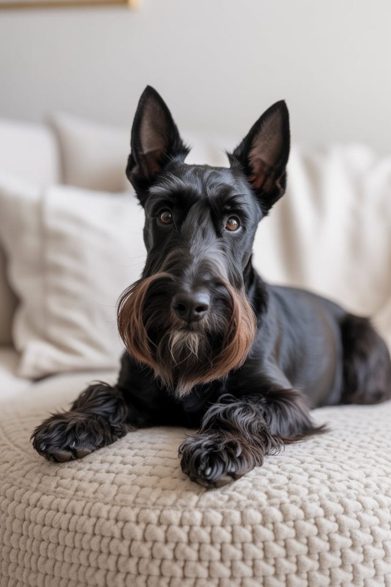 A black Scottish Terrier lying on a cream-colored textured knit blanket.