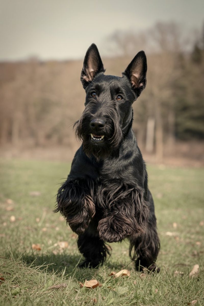 A black Scottish Terrier dog standing in a grassy field.