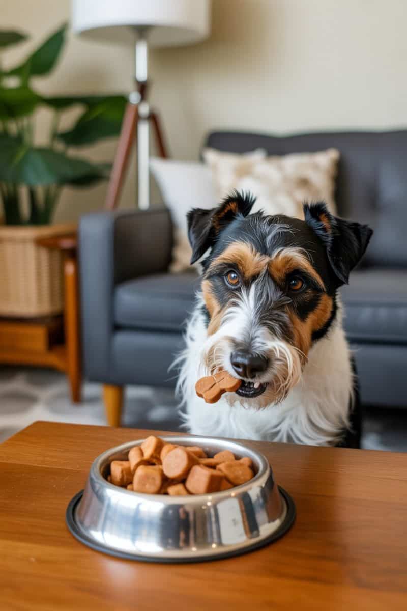 A Jack Russell Terrier dog sitting at a wooden table, with a silver metal dog bowl filled with brown dog treats in front of it.