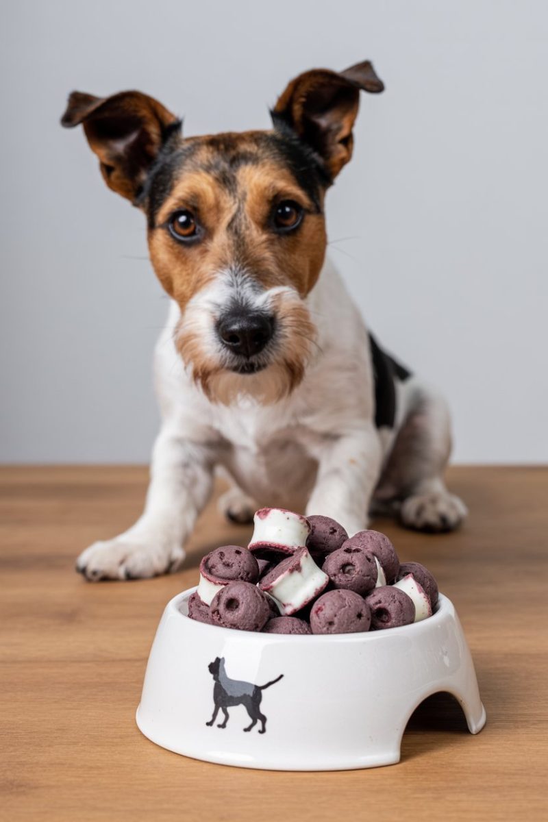 A Jack Russell Terrier dog sitting on a light wooden floor next to a white ceramic dog bowl.