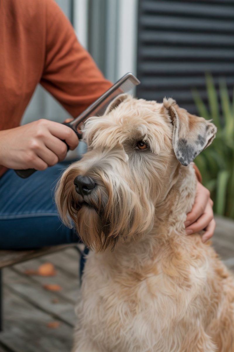 A soft-coated wheaten terrier being groomed.