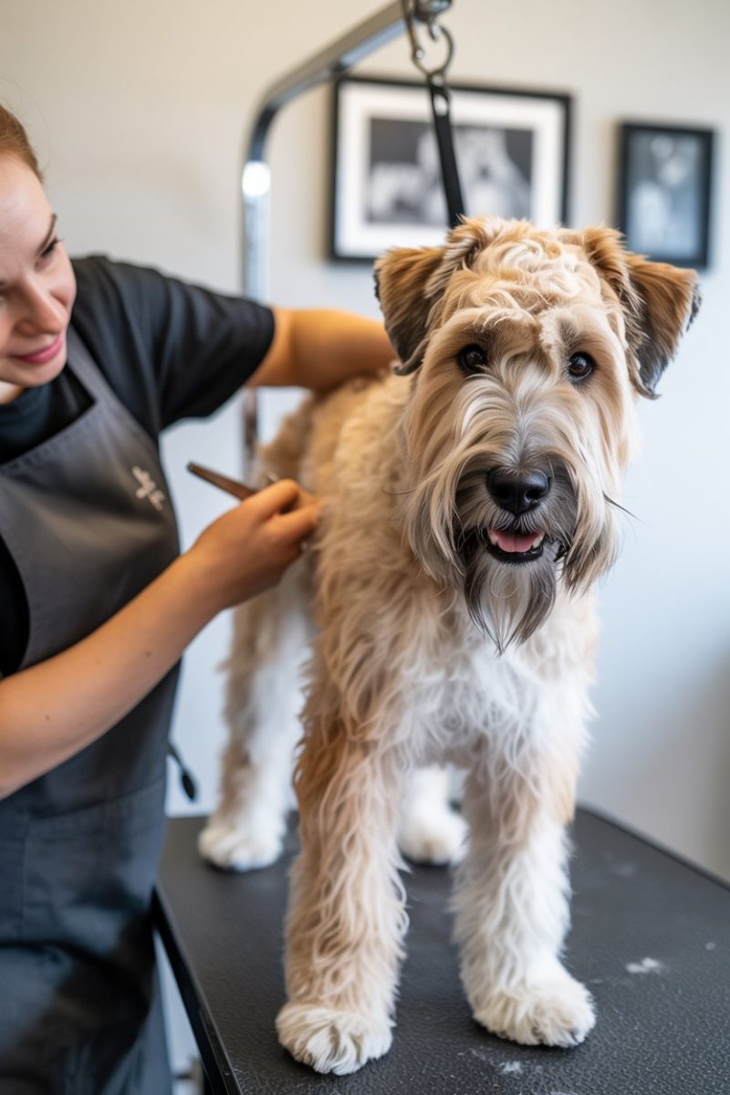 A soft-coated wheaten terrier stands on a black grooming table.