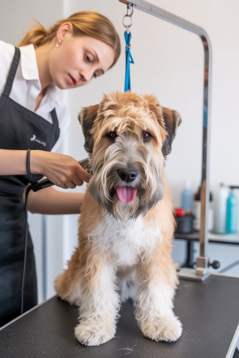 A soft-coated wheaten terrier sits calmly on a black leather grooming table, its tan and white fur neatly styled.