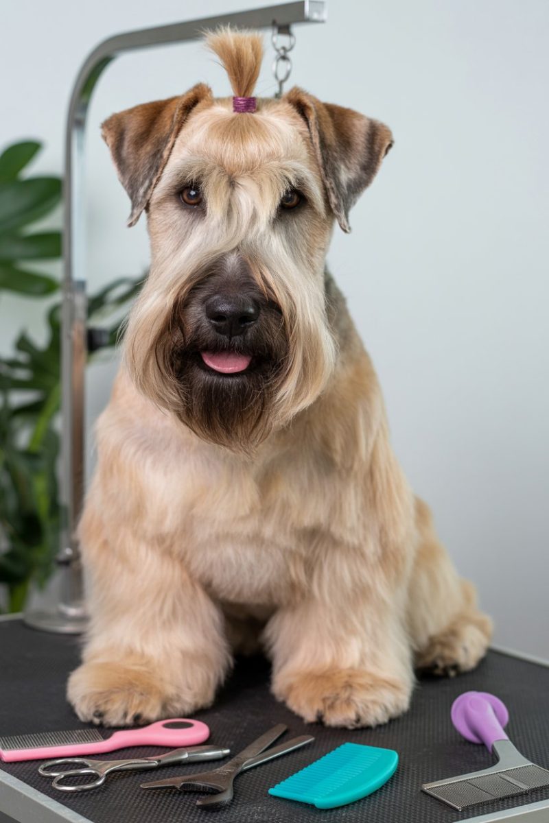 A Wheaten Terrier sitting on a black textured grooming table.