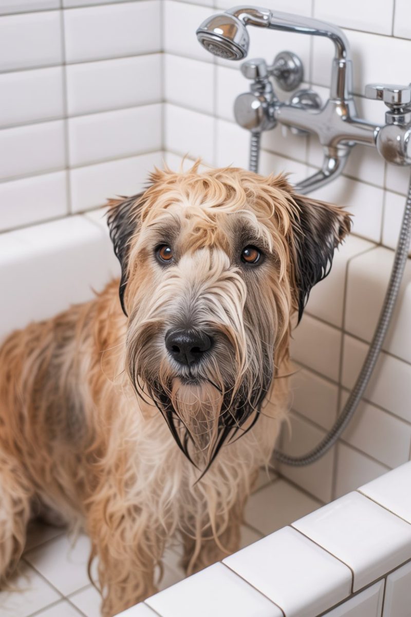 A wet Irish Terrier dog in a white tiled bathroom.