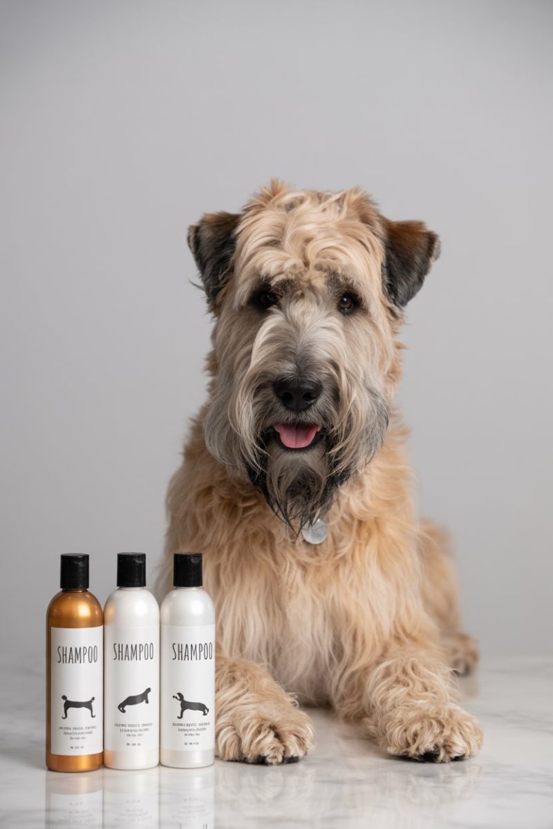 A dog lying on a white marble surface against a plain light gray background with four shampoo bottles arranged in a row.