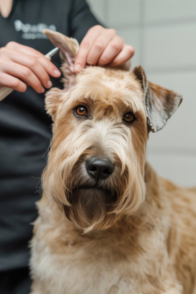 A soft-coated wheaten terrier being groomed.