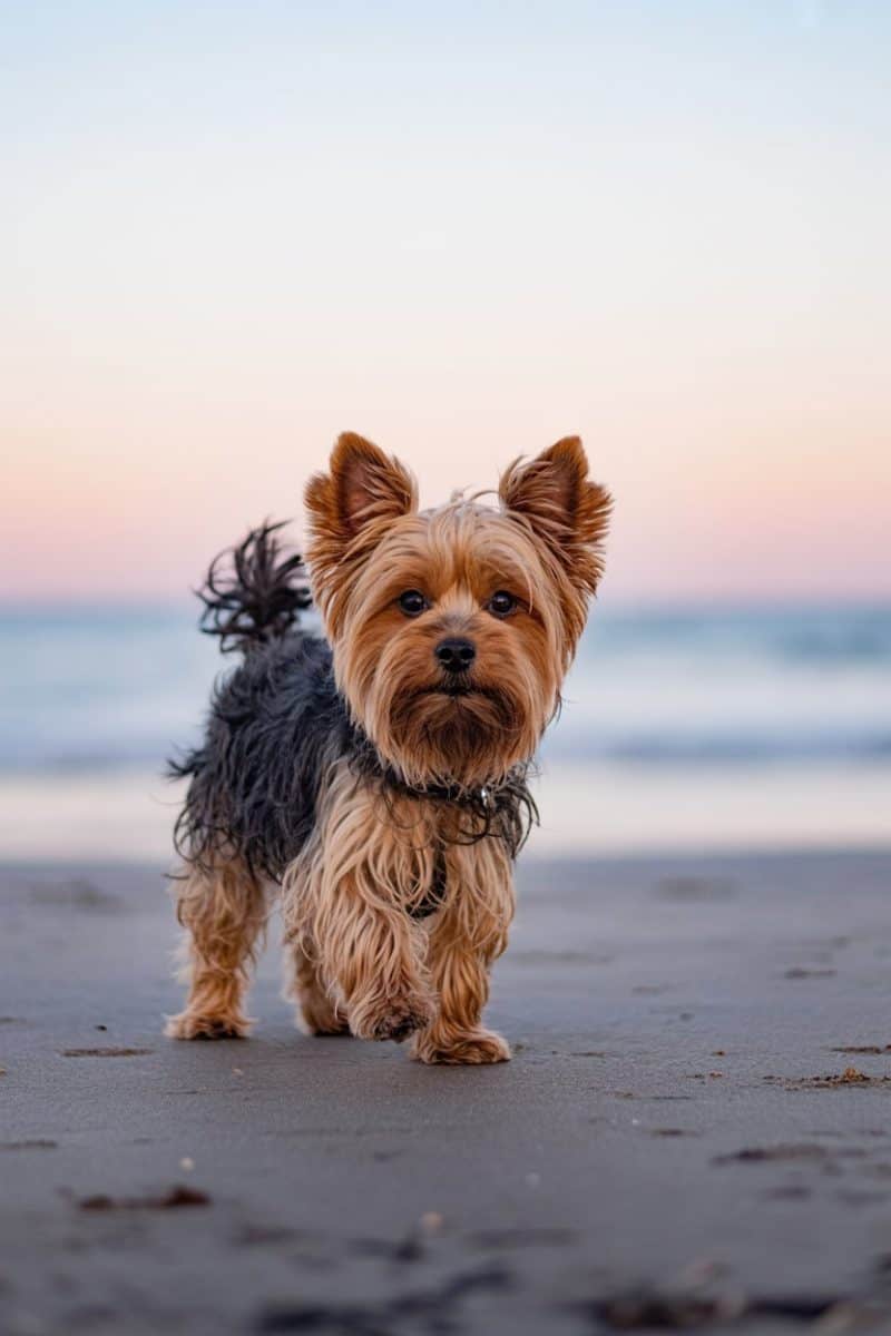 A Yorkshire Terrier dog standing on a sandy beach at sunset.