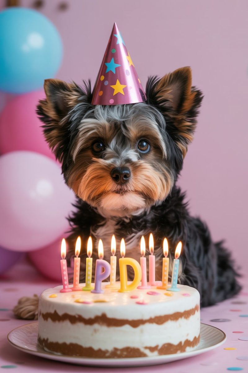 A Yorkie Poo dog celebrating a birthday.