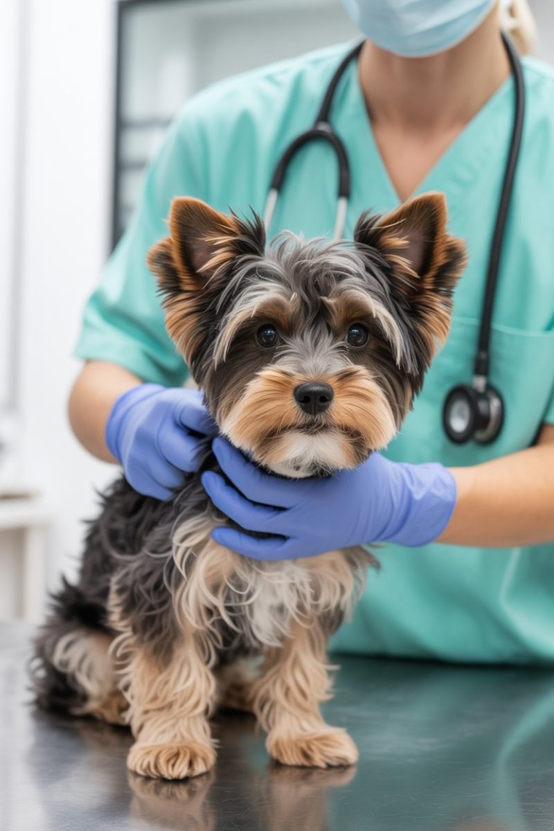 A Yorkie Poo dog being examined by a vet.
