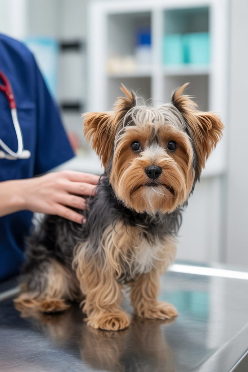 A Yorkshire Terrier dog sitting on a stainless steel examination table.