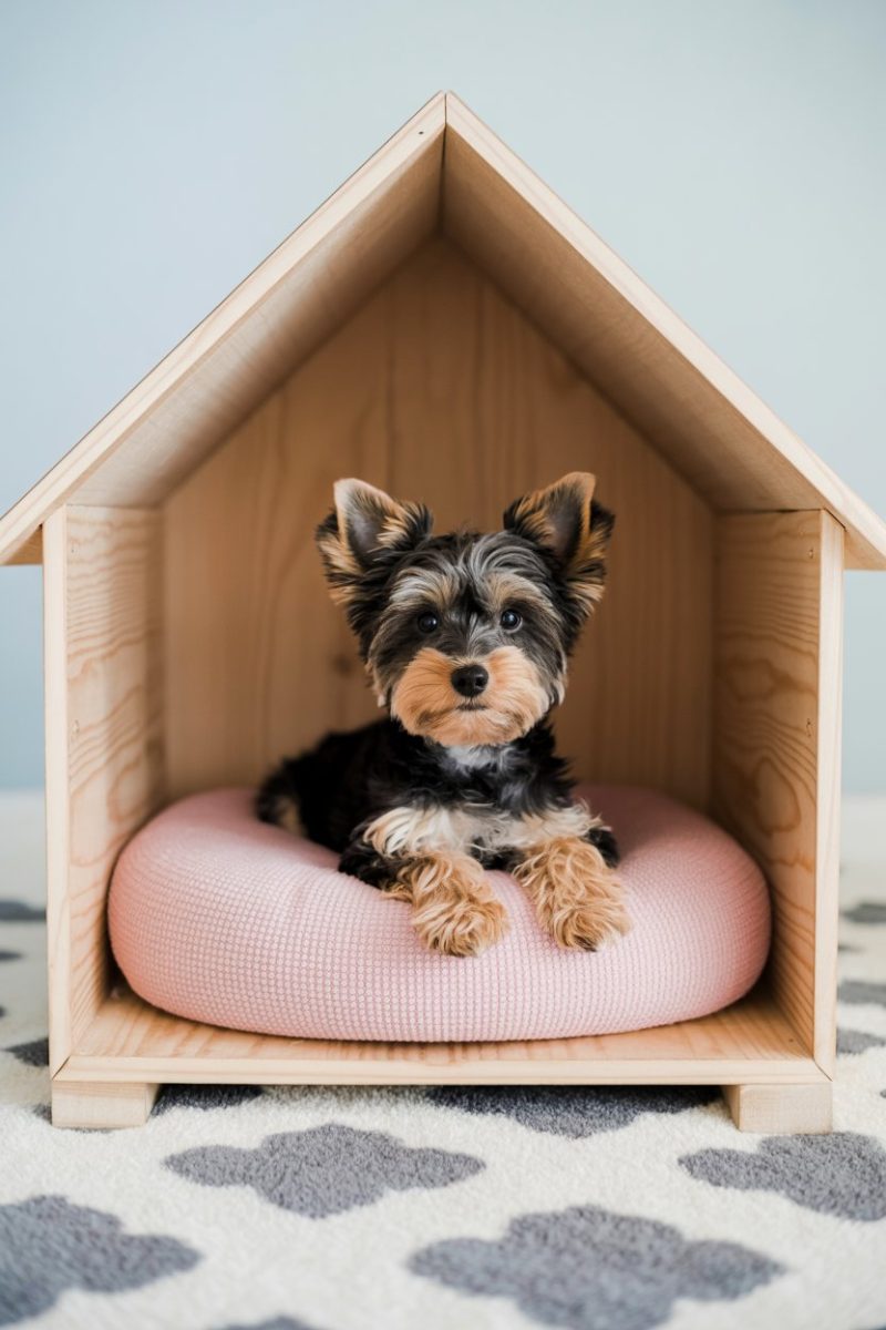 a Yorkie Poo puppy lying on a pink circular cushion inside a wooden doghouse.