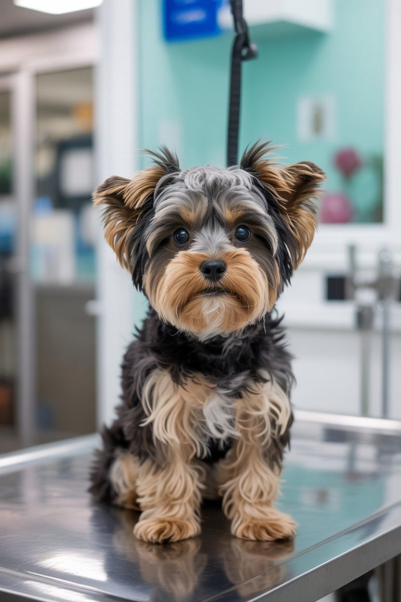 a Yorkie Poo sitting on a stainless steel examination table in a veterinary clinic.
