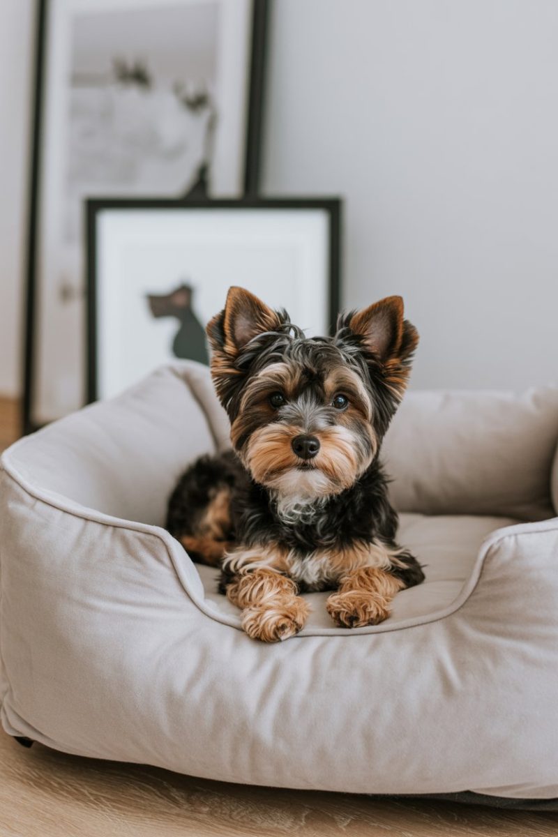 A Yorkie Poo dog sitting in a light beige plush dog bed.