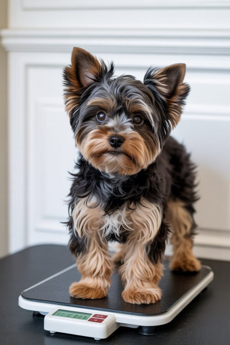 A Yorkie Poo standing on a black digital scale against a white paneled wall background.