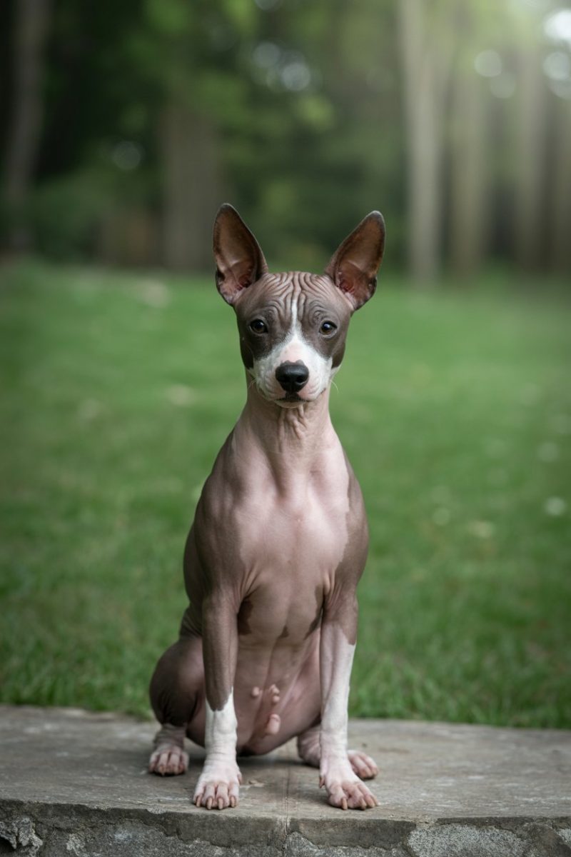 A hairless dog sitting upright on a gray concrete surface against a blurred green grass and forest background.