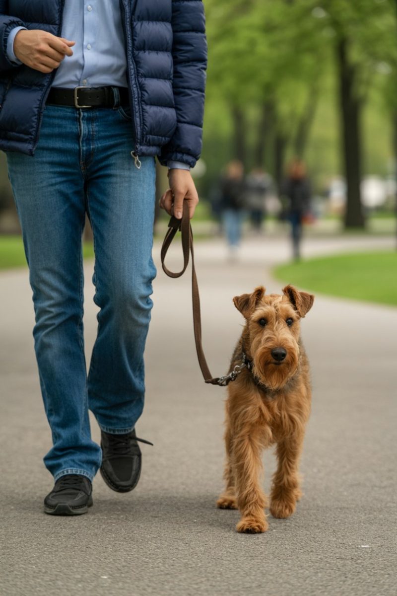 A person walking an Irish Terrier dog on a paved path.