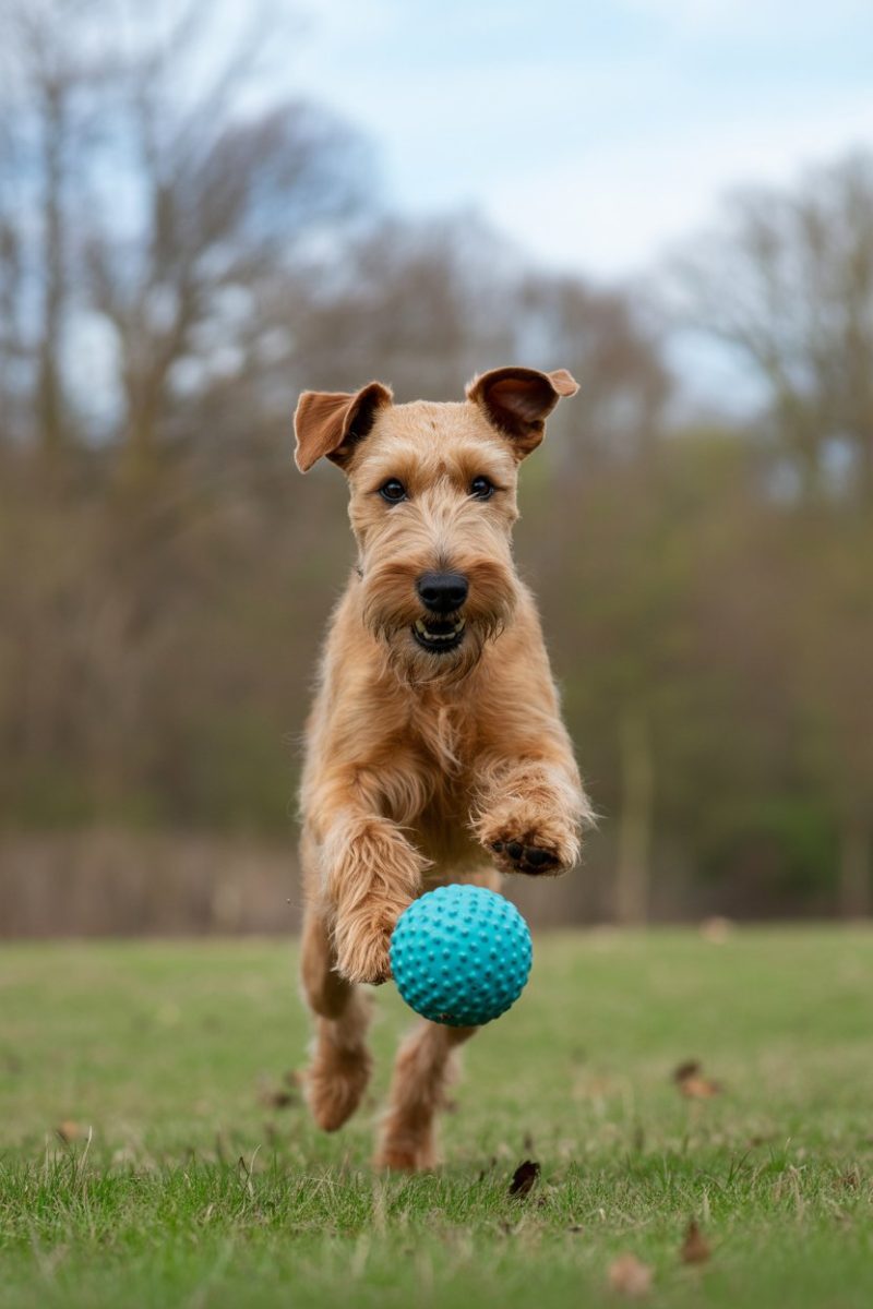 An Irish Terrier dog in mid-leap, jumping to catch a bright turquoise textured rubber ball.
