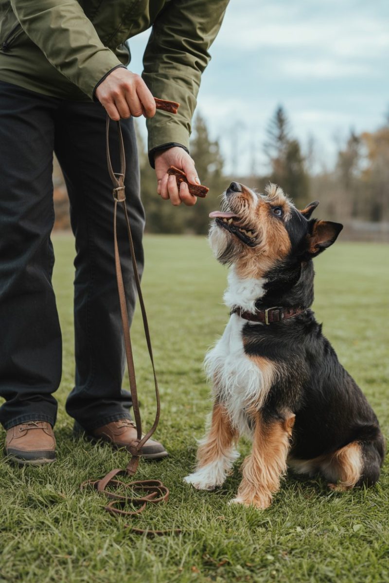 A small terrier mix dog sitting attentively on grass, looking up at a person's hand holding a treat.