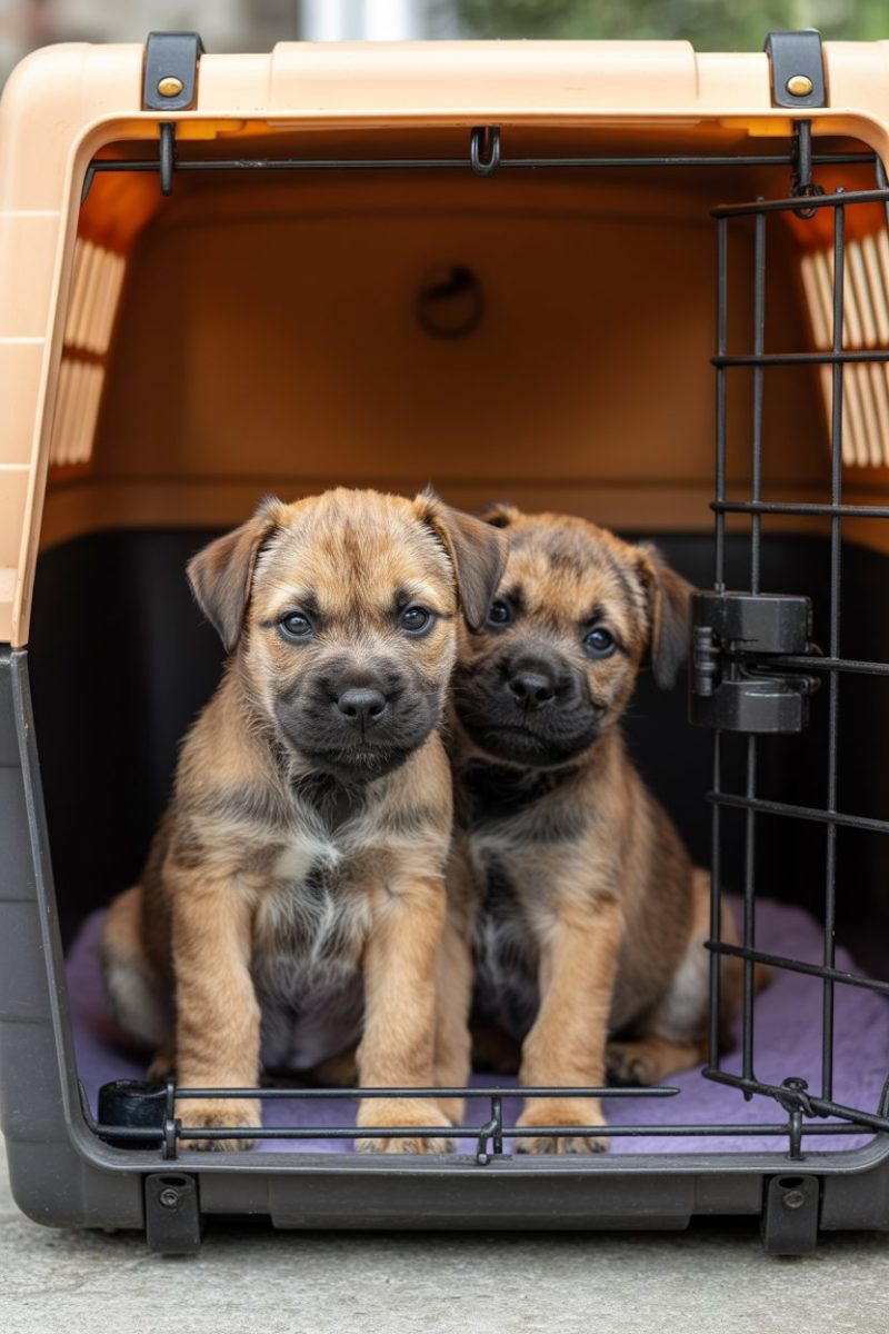 Two Border Terrier puppies sitting side by side in a tan-colored pet carrier.